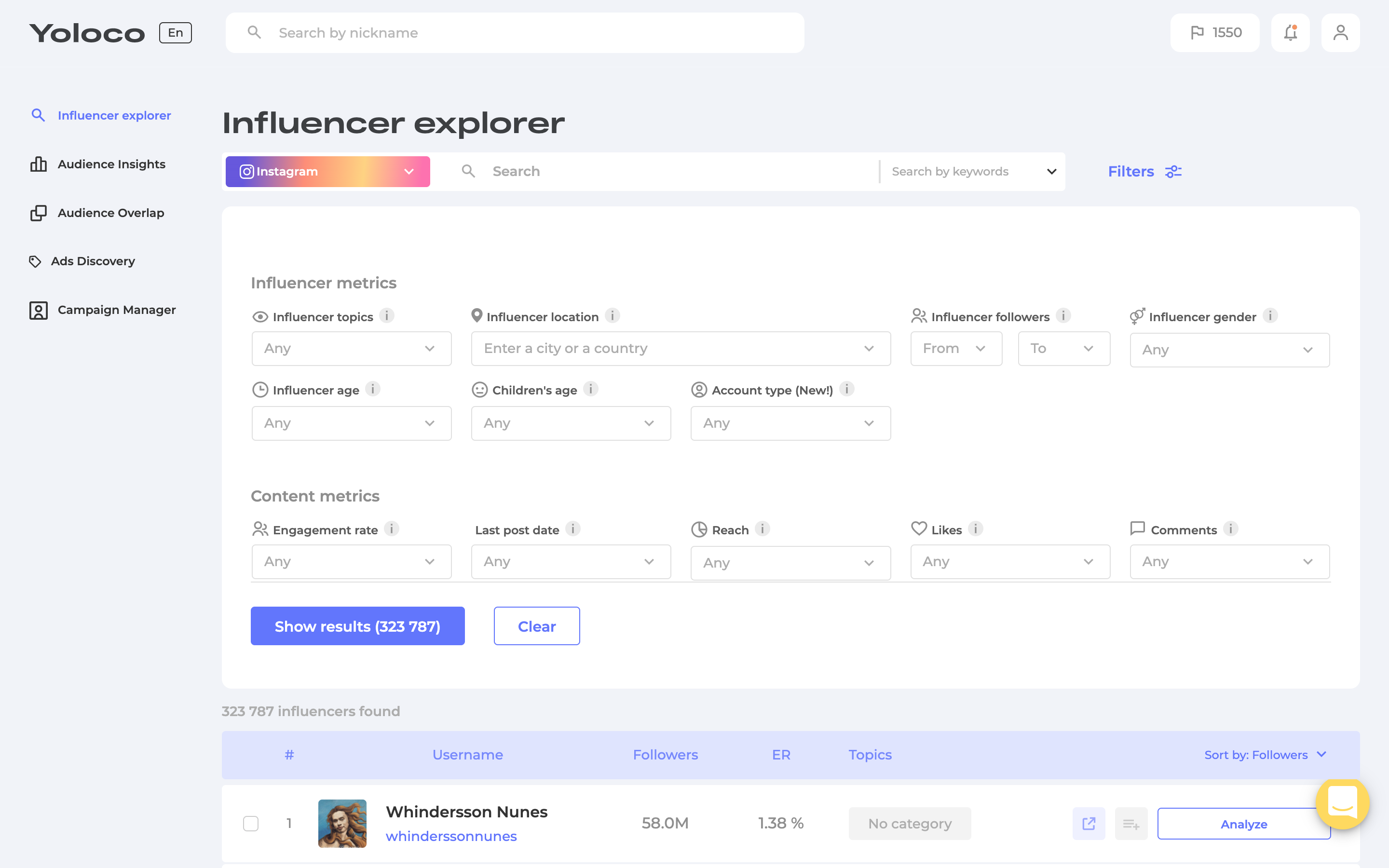 screenshot of Influencer Search and Analysis